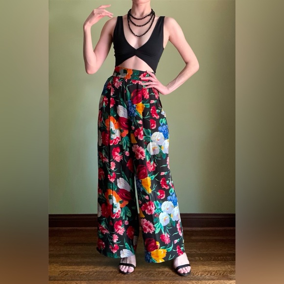 Vintage Silk Floral Pants High Waist Wide Leg 100% Silk Trousers